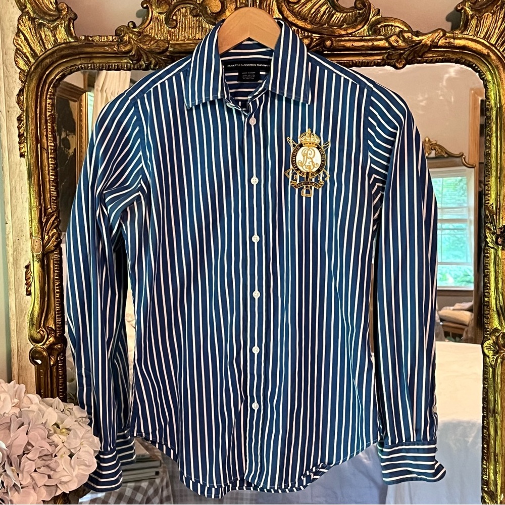 Ralph Lauren Sport Navy and White Striped Button-Down Shirt with Crest